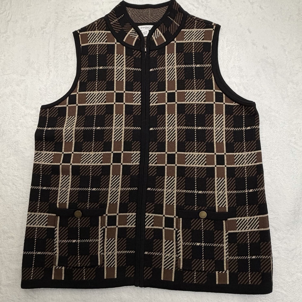 Dress Barn Women's Zip-Up Plaid Vest Black Brown & Gold Metallic Size 14-16